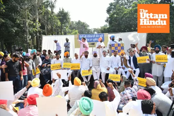 AAP leaders hold a major protest in Chandigarh against Central Government over issue of paddy procurement and lifting