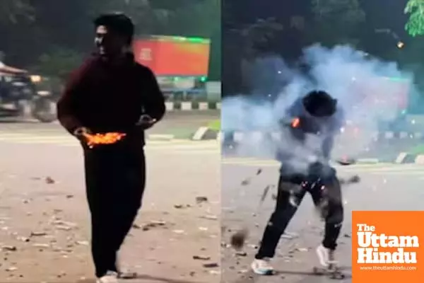 Man kicks firecracker, forgets he’s holding another one in his hand.