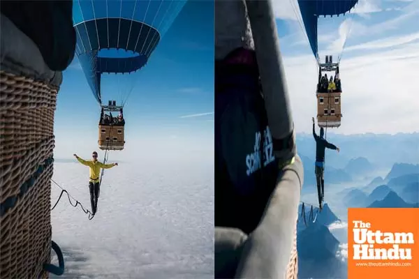 German athletes set new world record for slacklining between hot air balloons at 2,500 meters, WATCH VIDEO