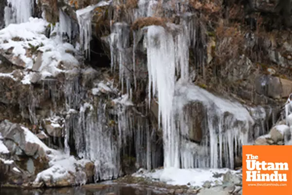 Baramulla: A view of a frozen waterfall in the Drung area of Tangmarg