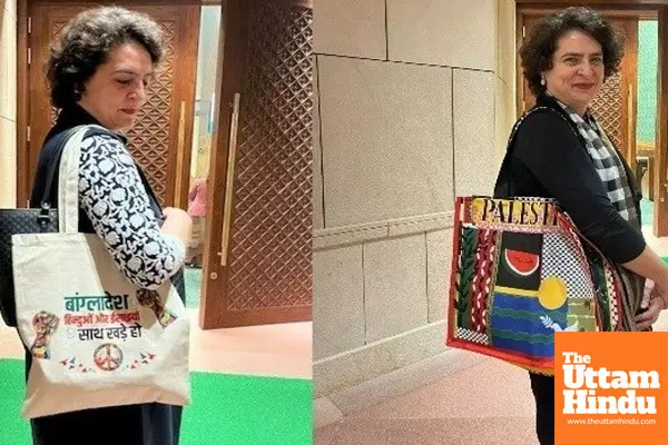 Priyanka Gandhi Sparks Dual Controversy: Carries ‘Palestine’ Bag in Parliament, Responds with ‘Stand with Hindus and Christians of Bangladesh’ Statement!