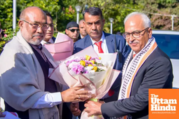 Imphal: Manipur Chief Minister N Biren Singh greets Newly appointed Manipur Governor Ajay Kumar Bhalla