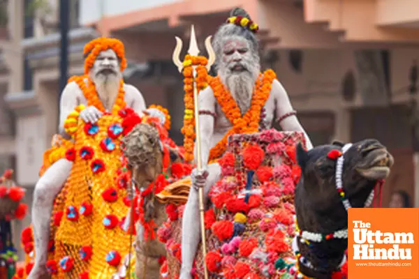 Prayagraj: Sadhus of Panchayati Mahanirvani Akhara take part in a religious procession