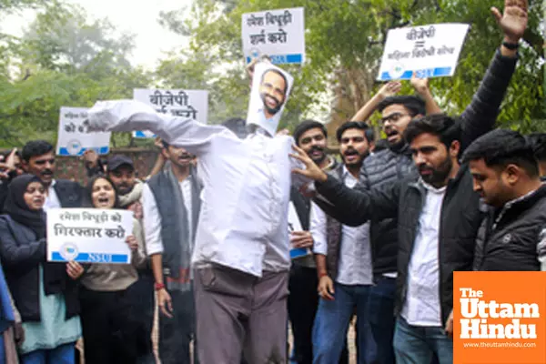 New Delhi: NSUI members Protests against BJP candidate Ramesh Bidhuris derogatory remarks