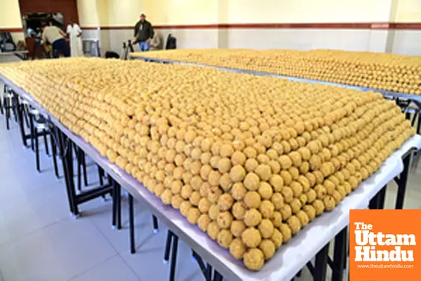 Bengaluru: One lakh laddus are displayed for distribution to devotees as part of the Vaikunta Ekadashi festival