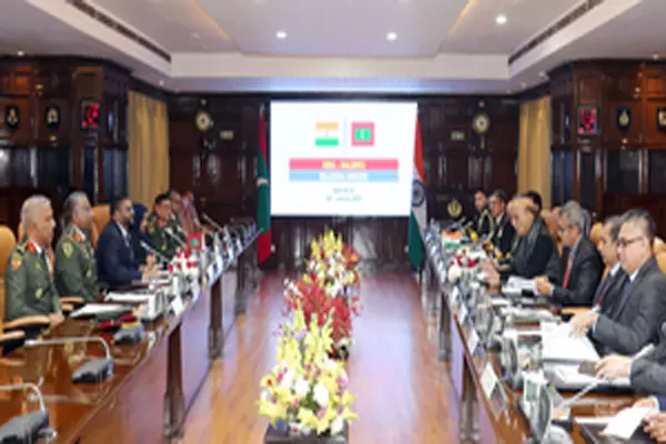 New Delhi: Union Minister for Defence,Rajnath Singh, holds a bilateral meeting with the Defence Minister of Maldives, Mohammed Ghassan Maumoon