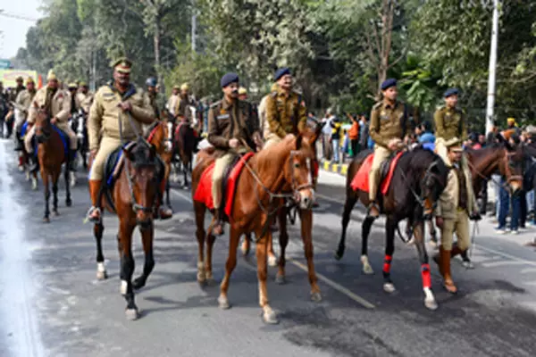 Prayagraj: Police personnel patrol on horseback to ensure safety during the preparations for the Maha Kumbh Mela 2025