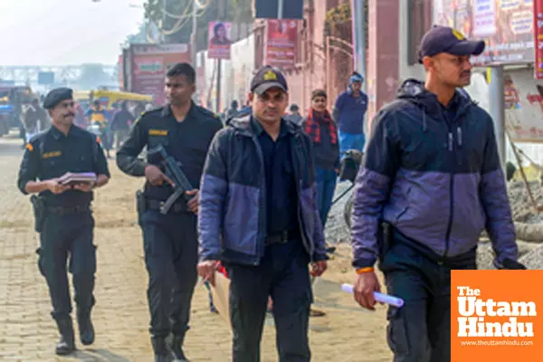 Prayagraj: ATS (Anti-Terrorist Squad) personnel patrol the Sangam area ahead of the Maha Kumbh Mela 2025