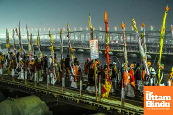 Prayagraj: Sadhus (Holy Men) of Akhil Bhartiya Vaishav Ani Akhara participate in the Peshwai religious procession for the Maha Kumbh Mela 2025