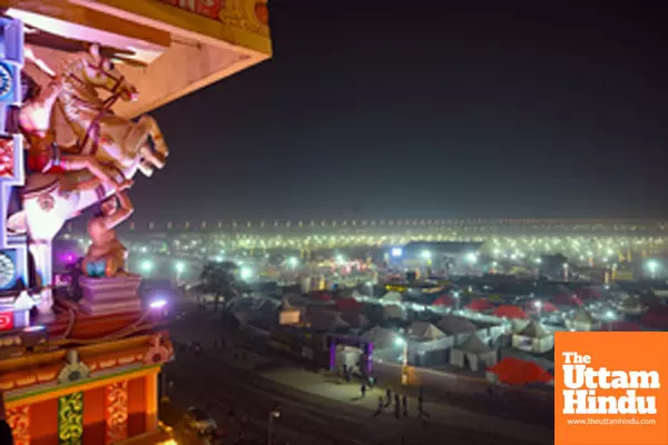 Prayagraj: A top view of the Illuminated tent city at the Sangam area