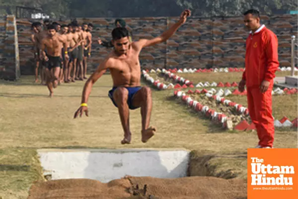 Lucknow: An Agniveer aspirant performs a long jump during an ongoing recruitment drive