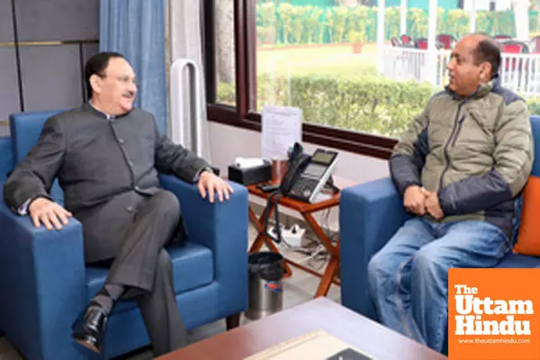 New Delhi: LoP in the Himachal Pradesh Assembly Jairam Thakur calls on Union Minister JP Nadda