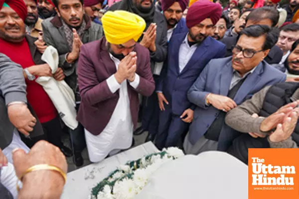 Ludhiana: Punjab Chief Minister Bhagwant Mann pays his last respects to the mortal remains of AAP Ludhiana West MLA Gurpreet Bassi Gogi