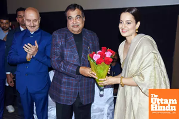 Nagpur: Union Minister Nitin Gadkari and actors Kangana Ranaut and Anupam Kher attend the screening of the film Emergency at Cinepolis Talkies