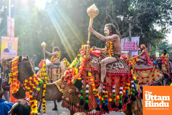 Prayagraj: Sadhus (holy men) participate in a religious procession of Shri Panchayati Nirmal Akhada