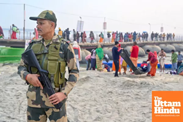 Prayagraj: Security personnel stand guard along the banks of the Sangam