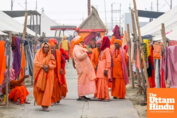 Prayagraj: Sadhus (Holy Man) outside their camps at the banks of the Sangam