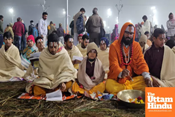 Prayagraj: Devotees from Lakshmivati Gurukul perform Rudrabhishek rituals at the Maha Kumbh Mela 2025