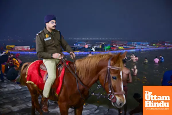 Prayagraj: Police personnel patrol on horseback to ensure safety during the Maha Kumbh Mela 2025