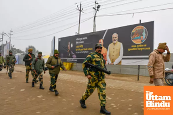 Prayagraj: Security personnel stand guard along the banks of the Sangam