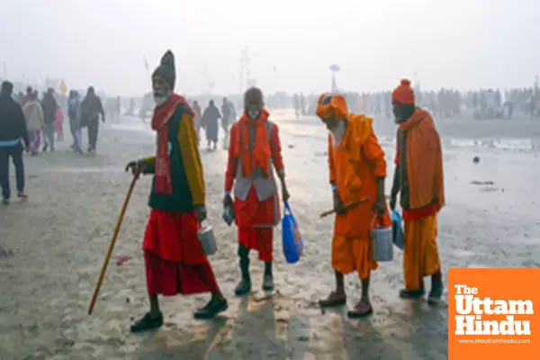 South 24 Parganas: Sadhus (Holy Men) at Gangasagar Island on a winter morning