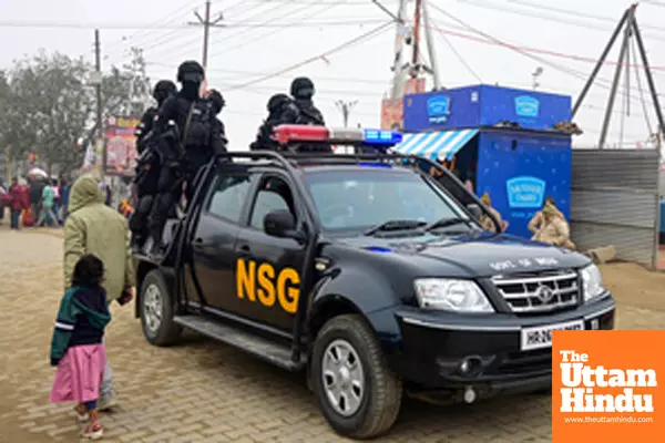 Prayagraj: National Security Guard (NSG) personnel patrols along the Triveni Sangam,