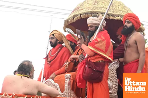 Prayagraj: Sadhus (Holy man) proceed towards Sangam Ghat for the Amrit Snan (holy bath)