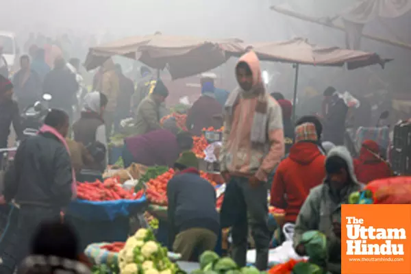 New Delhi: People purchase vegetables at a mandi amid dense fog on a chilly winter morning