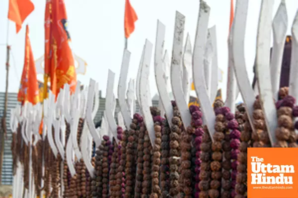 Prayagraj: Rows of tridents adorned with Rudraksha beads displayed during the Maha Kumbh Mela 2025