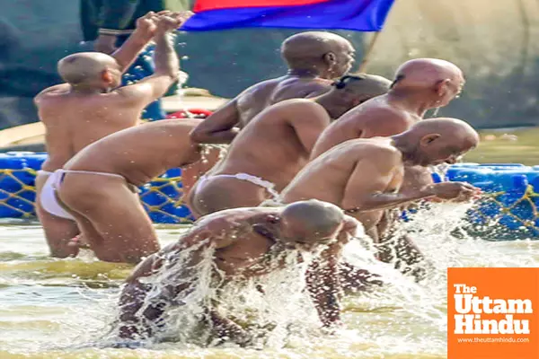 Prayagraj: Newly initiated Naga Sadhus take a ritual bath at the Sangam during the Maha Kumbh Mela 2025