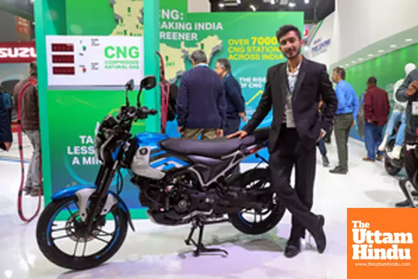 New Delhi: Bajaj Freedom CNG Motorcycle on display at the Bharat Mobility Global Expo 2025