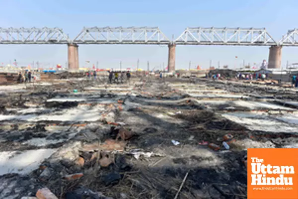 Prayagraj: A view of the aftermath at a Geeta Press camp site following a fire that broke out yesterday