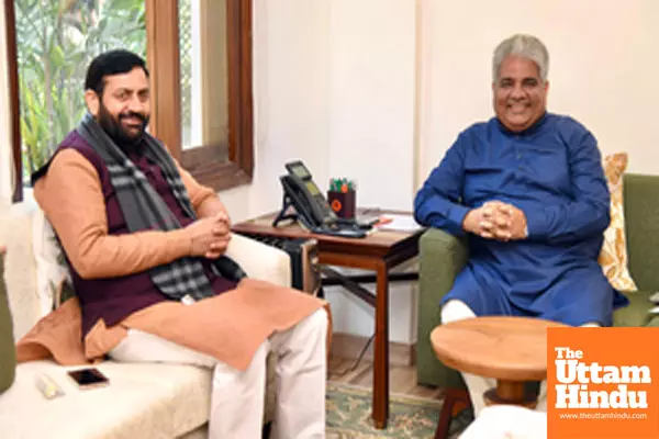 New Delhi: Union Minister for Environment, Forest and Climate Change Bhupender Yadav meets Haryana Chief Minister Nayab Singh Saini