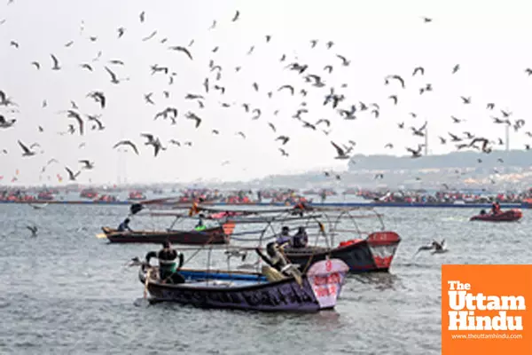 Prayagraj: Boats ferry pilgrims at the Triveni Sangam as flocks of seagulls fly overhead