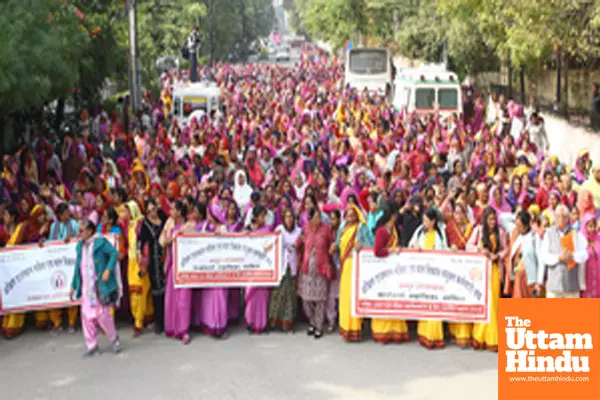 Jaipur: Anganwadi workers take out a protest march for various demands