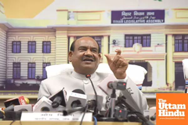 Patna: Lok Sabha Speaker Om Birla addresses a press conference