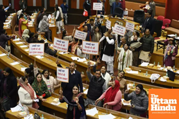 New Delhi: BJP councillors stage a protest during a meeting of the MCD at the Civic Centre