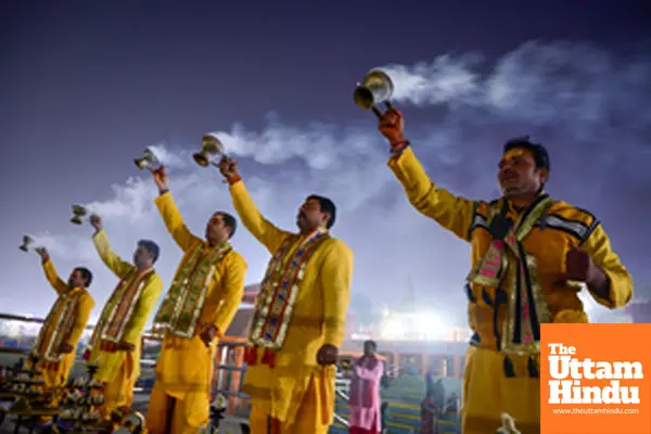 Prayagraj: Priests perform Ganga Aarti at the Sangam during the ongoing Maha Kumbh Mela 2025