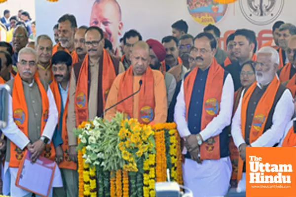 Prayagraj: Uttar Pradesh Chief Minister Yogi Adityanath addresses after the Council of Ministers