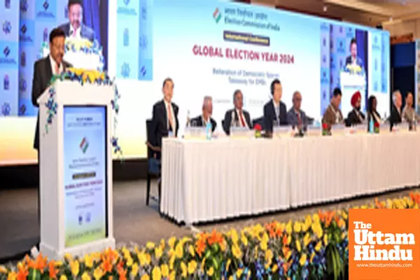 New Delhi: CEC Rajiv Kumar delivers the keynote address at the inaugural session of the two-day International Conference