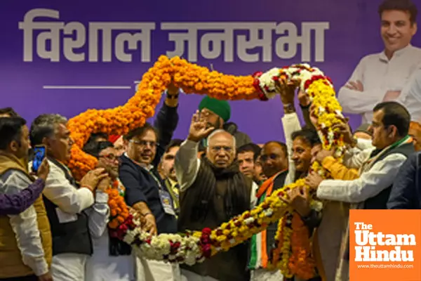 New Delhi: Congress National President Mallikarjun Kharge attends a public rally in support of party candidate Mangesh Tyagi