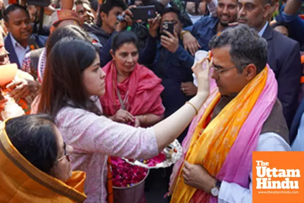 BJP candidate Parvesh Verma receives a warm welcome at his residence following his win in the Delhi Assembly elections