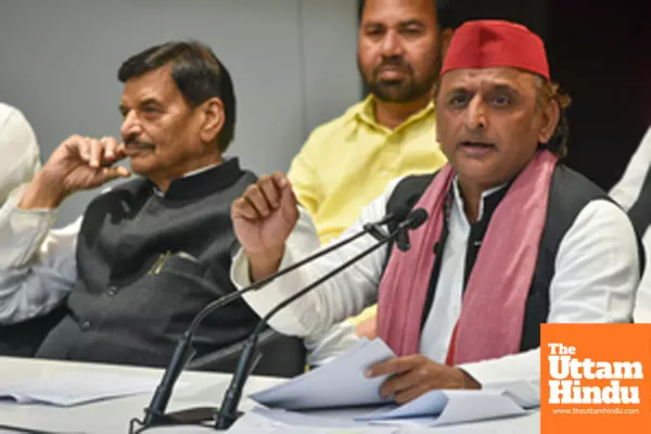 Samajwadi Party chief and MP Akhilesh Yadav addresses a press conference at the party office