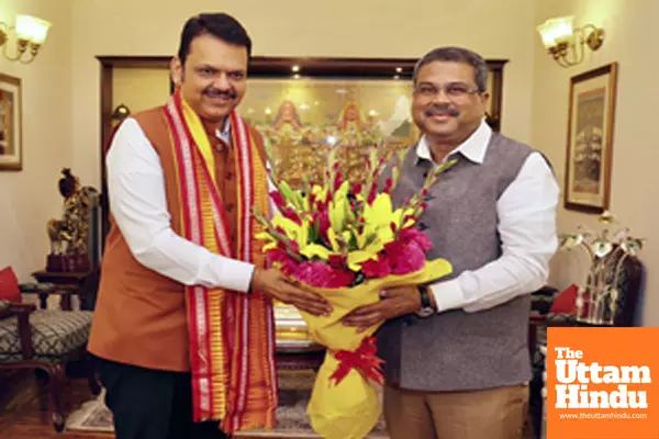 Maharashtra Chief Minister Devendra Fadnavis meets Union Minister Dharmendra Pradhan