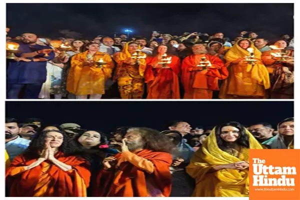 Katrina Kaif and Raveena Tandon attend the Ganga Aarti during Maha Kumbh